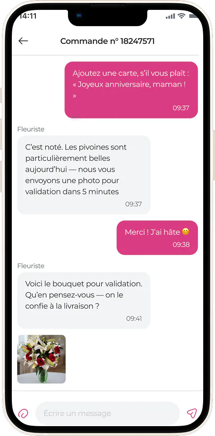 Discussion avec un fleuriste dans l'application MyGlobalFlowers