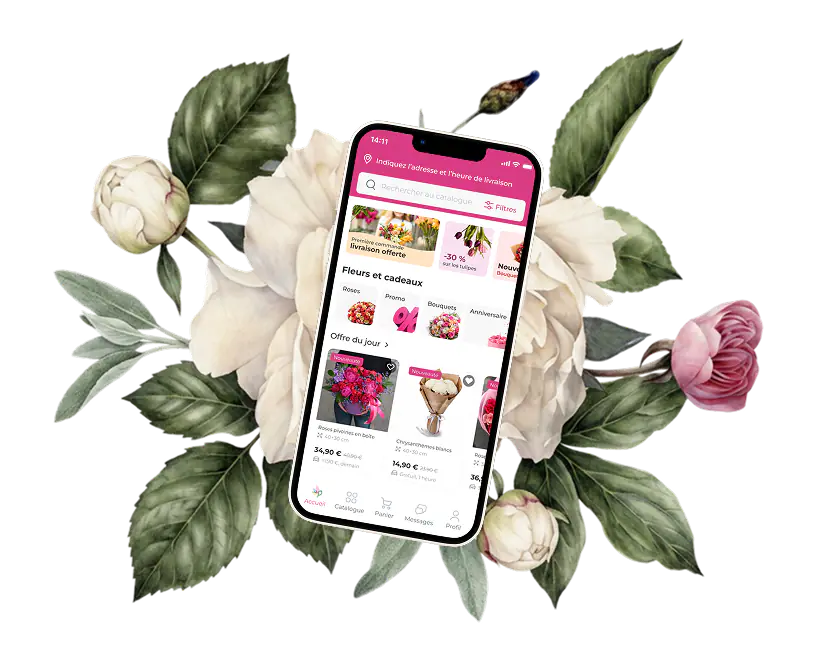 Catalogue de l'application MyGlobalFlowers sur un smartphone entouré de pivoines