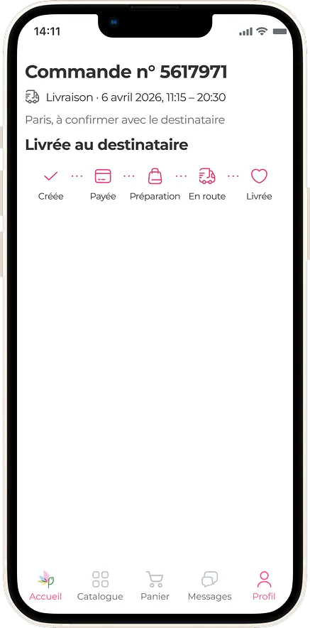 Écran de statut de commande dans l'application MyGlobalFlowers : livrée au destinataire