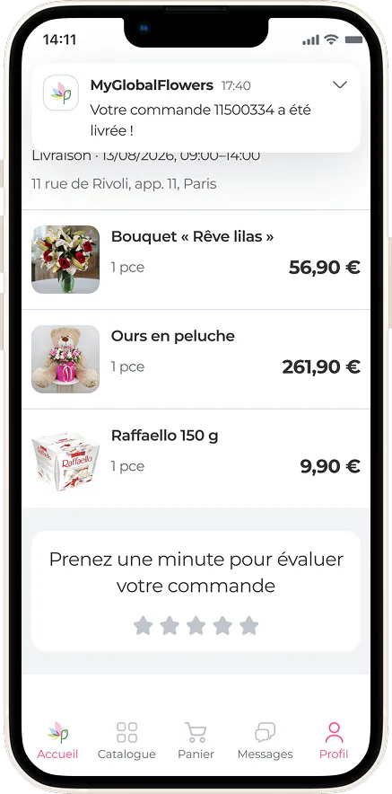 Notification push d'une commande livrée dans l'application MyGlobalFlowers