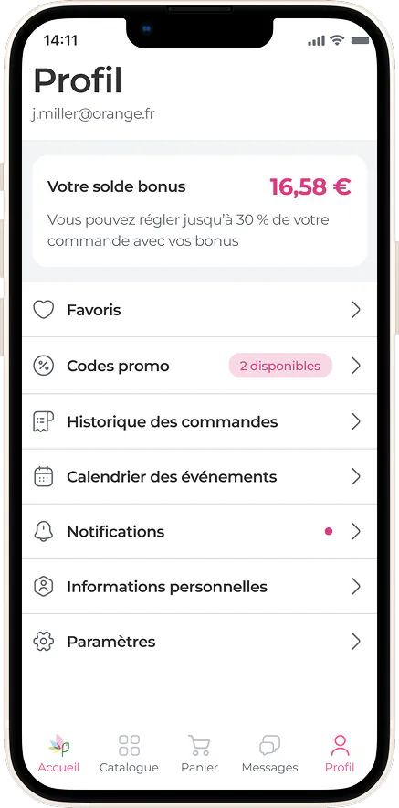 Profil avec le solde de bonus dans l'application MyGlobalFlowers